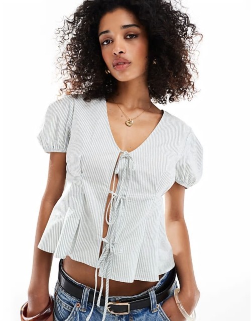 tie front puff sve top in stripe