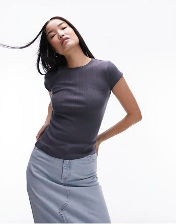 lace pointelle tee in slate