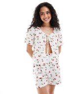 linen mix tie front top & short co-ord in cherry print