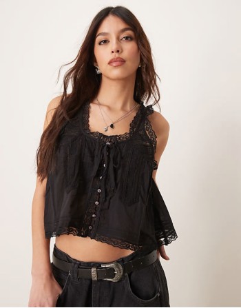 evermore lace insert boho tank top in black