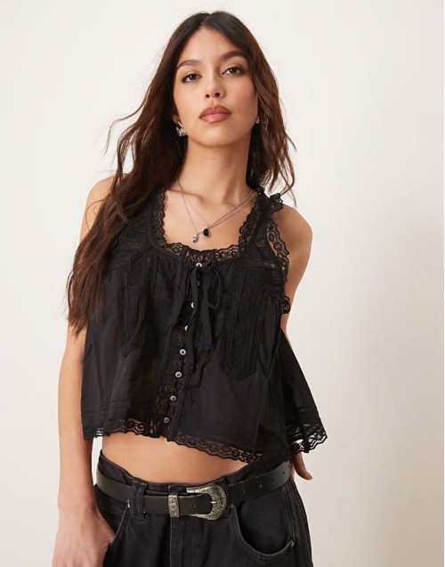evermore lace insert boho tank top in black