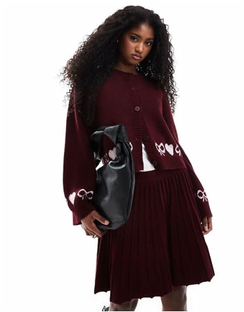 heart bow fairisle cardigan co ord in burgundy