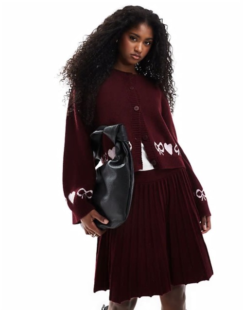 heart bow fairisle cardigan co ord in burgundy