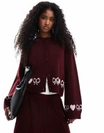heart bow fairisle cardigan co ord in burgundy