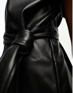 faux leather button down tie waist mini dress in black