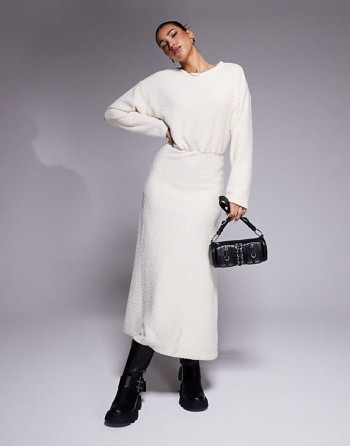 fluffy long sve blouson midi dress in cream