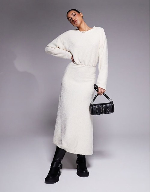 fluffy long sve blouson midi dress in cream
