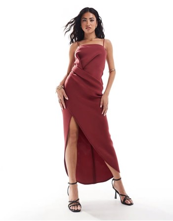 soft manipulated square neck cami midi dress with wrap skirt in dark red
