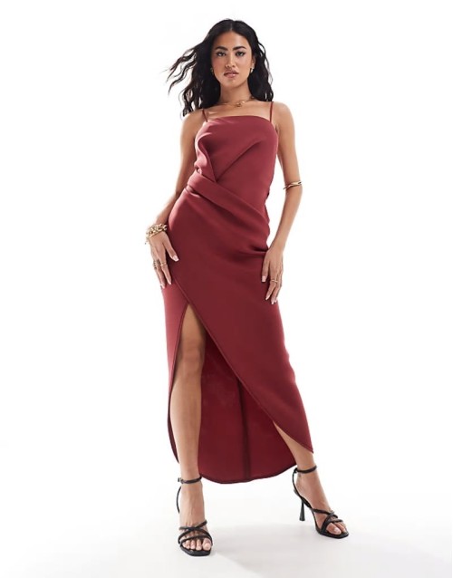 soft manipulated square neck cami midi dress with wrap skirt in dark red