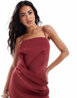 soft manipulated square neck cami midi dress with wrap skirt in dark red