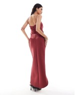 soft manipulated square neck cami midi dress with wrap skirt in dark red