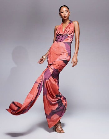cowl neck maxi dress with waist wrap detail in dark pink floral print