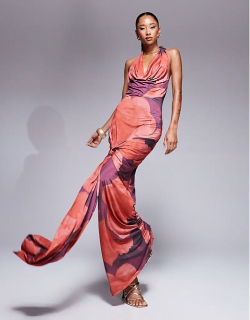 cowl neck maxi dress with waist wrap detail in dark pink floral print