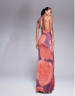 cowl neck maxi dress with waist wrap detail in dark pink floral print