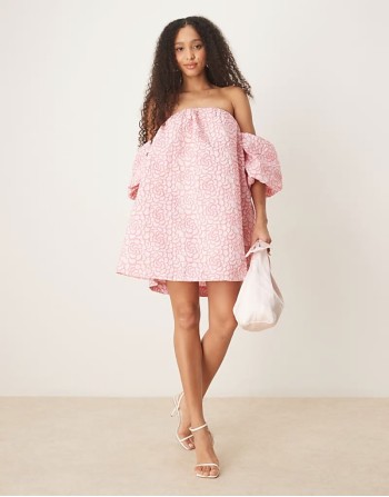 textured rose jaquard off shoulder mini dress in pink