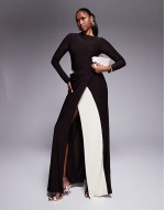 long sve sarong detail maxi dress with contrast sash in chocolate
