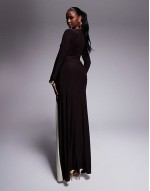 long sve sarong detail maxi dress with contrast sash in chocolate