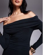 365 ruched off the shoulder maxi dress in black