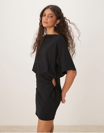 slouchy T-shirt mini dress with ruched detail in black