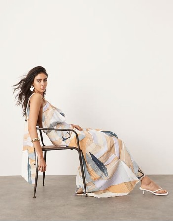 halterneck back detail maxi dress with full skirt in abstract print