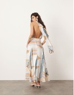 halterneck back detail maxi dress with full skirt in abstract print
