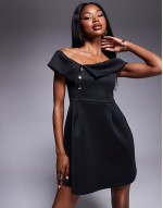 scuba asymmetric fold over  mini dress with gold button details in black