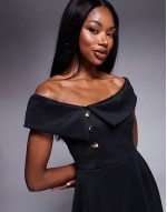 scuba asymmetric fold over  mini dress with gold button details in black