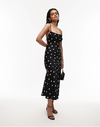 maxi cami slip dress with low back in mono polka spot print
