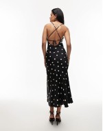maxi cami slip dress with low back in mono polka spot print