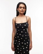 maxi cami slip dress with low back in mono polka spot print