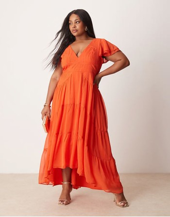 Curve flutter sve ruched maxi dress with hi low hem in spicy red