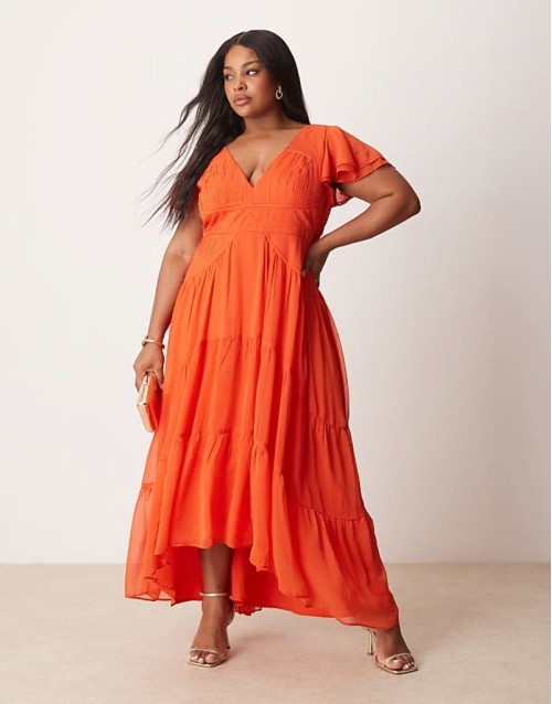 Curve flutter sve ruched maxi dress with hi low hem in spicy red