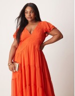 Curve flutter sve ruched maxi dress with hi low hem in spicy red