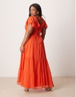 Curve flutter sve ruched maxi dress with hi low hem in spicy red