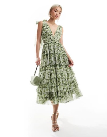 Bridesmaid Madison bow shoulder midi dress in olive floral