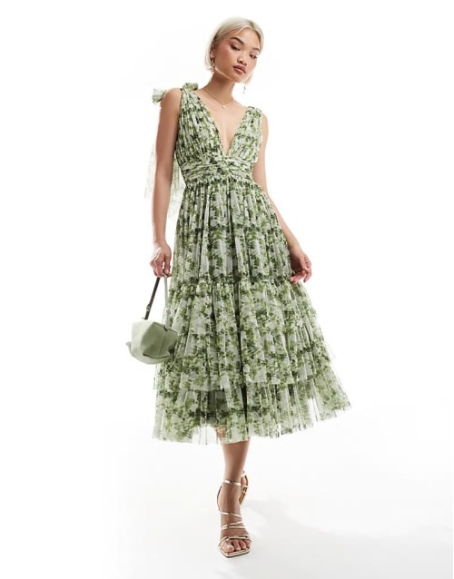 Bridesmaid Madison bow shoulder midi dress in olive floral