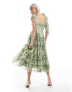 Bridesmaid Madison bow shoulder midi dress in olive floral