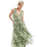 Bridesmaid Madison bow shoulder midi dress in olive floral