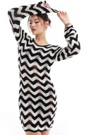 crochet bell sve mini beach dress in cream & black chevron print
