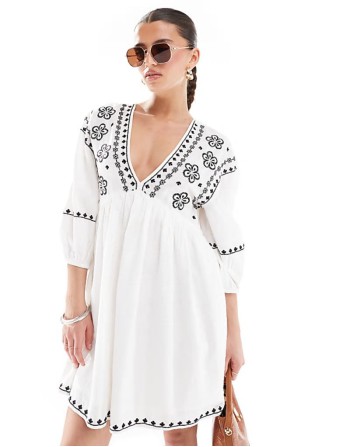 embroidered smock mini dress in white