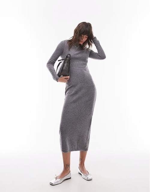 boat neck light weight midi dress in grey