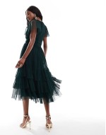 Bridesmaid Madison v neck tulle midi dress in dark green