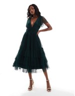 Bridesmaid Madison v neck tulle midi dress in dark green