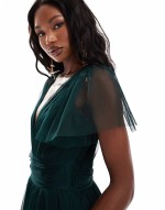 Bridesmaid Madison v neck tulle midi dress in dark green
