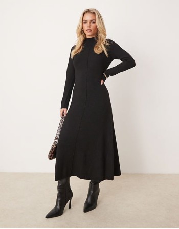 high neck a-line midaxi dress in black