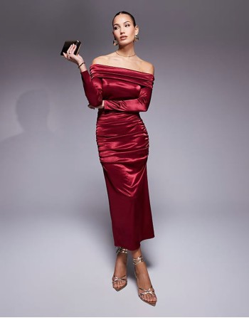 long sve ruched satin midi dress in wine
