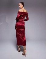 long sve ruched satin midi dress in wine