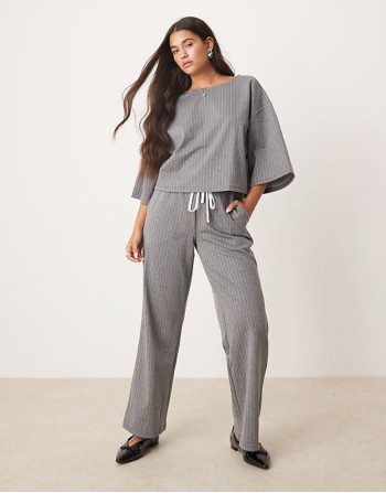 jersey tailored boxy top and wide leg trouser set in grey pinstripe