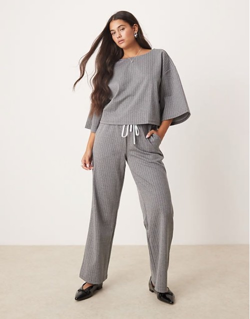 jersey tailored boxy top and wide leg trouser set in grey pinstripe