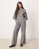 jersey tailored boxy top and wide leg trouser set in grey pinstripe